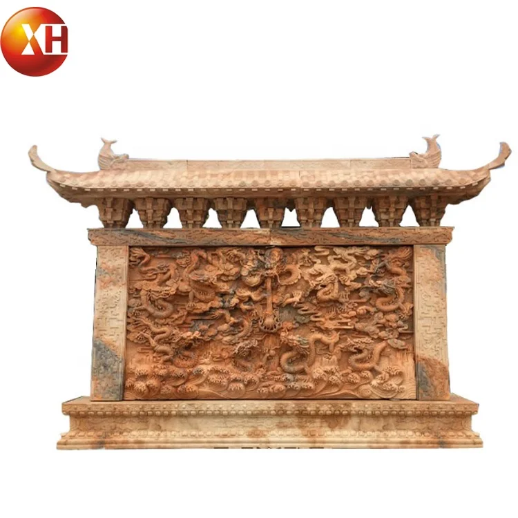 Marble Stone Relief Culture Wall Screen Wall Red Natural Stone Nine Dragon Relief