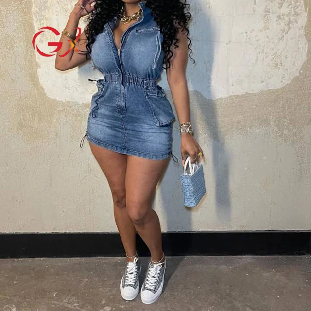 GX8574 Fashion 2024 Summer Women Sleeveless Zipper Denim Dresses Stretchy Unique Jeans Elegant Pocket Mini Dress