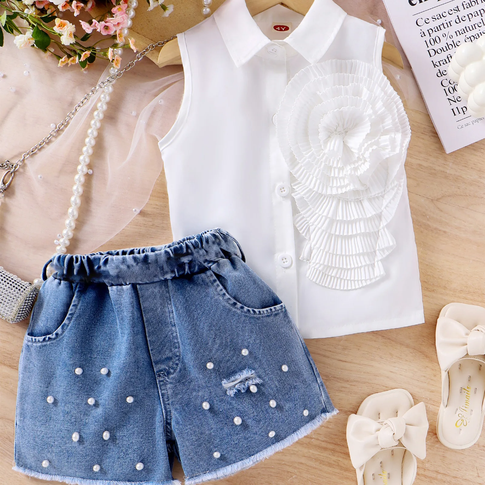2024 Summer Kids Wholesale Clothing Ruffle Flower Sleeveless Shirt Denim Shorts 2Pcs Outfit Clothes for Girls