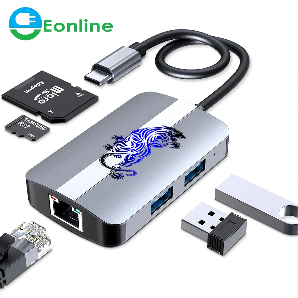 EONLINE 3D 5-IN-1 for iphone 15 USB C Hub Type-C Docking Station Adapter SD TF Card Reader RJ45 Ethernet USB 3.0 USB 2.0
