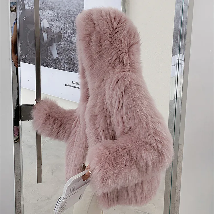 New Elegant fox fur coat Pink with hood coat winter real fox fur coat fluffy jackets women Factory wholesale custom spot