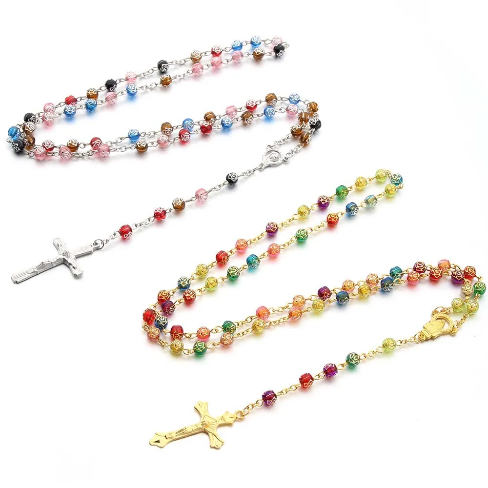 LC202403181 Wholesale Catholic  Rosary Necklace  Religion Prayer Plastic Bead Cross Rosary Necklace Catholicism