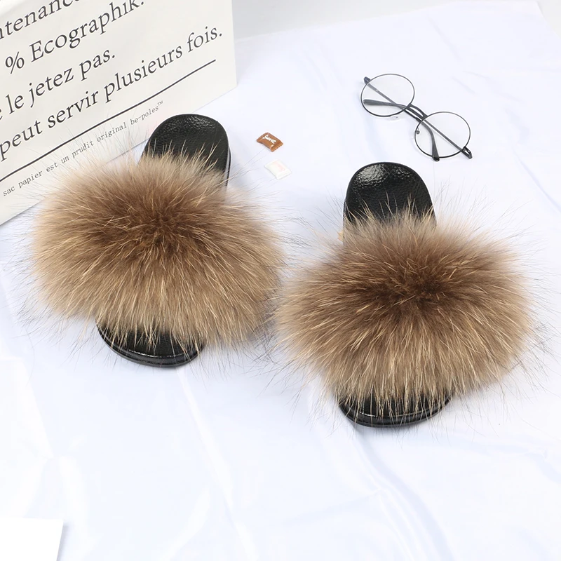 
indoor eva sole racoon furry fur slides sandal colorful 100% fluffy fox raccoon fur slipper for women ffff 