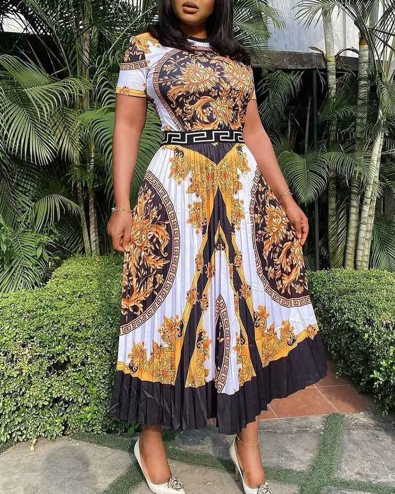 2022 new large size fashion high waist long skirt printing temperament commuter pleated dress