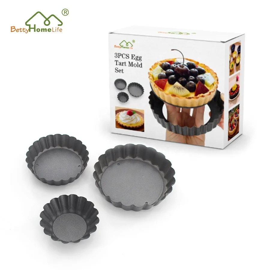 New Arrival Nonstick Carbon Steel 3PCS Egg Tart Pans Reusable Tartlet Cupcake Baking Mold Muffin Cup Baking Tools