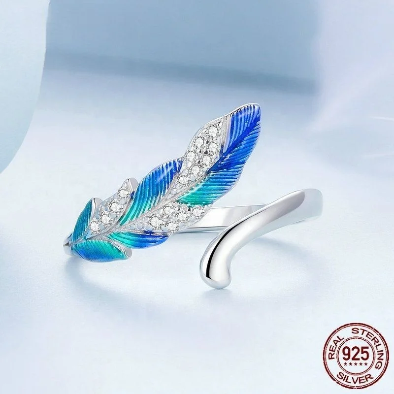 Dr.Jewelry 925 Sterling Silver Pave Setting CZ Blue Peacock Feather Open Ring and Earrings Jewelry Set for Wedding Fine Jewel