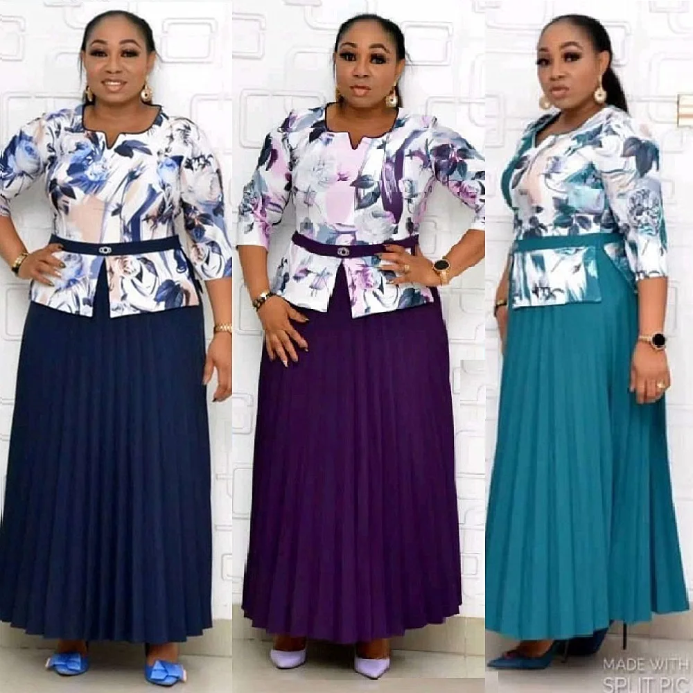 wholesale Dubai African new Style 2XL-3XL new print office dress with round neck and three-quarter sleeve