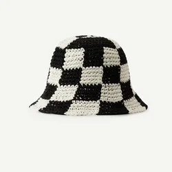 Custom colorful ladies hand made crochet fisherman cap hat chunky checkered knitted crochet bucket hat