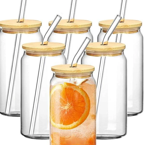 Drinking Glass 16 Oz Can Shaped Boba Tea Glass Beer Can Cups With Bamboo Lids And Glass Straws For Juice Beverage Milk