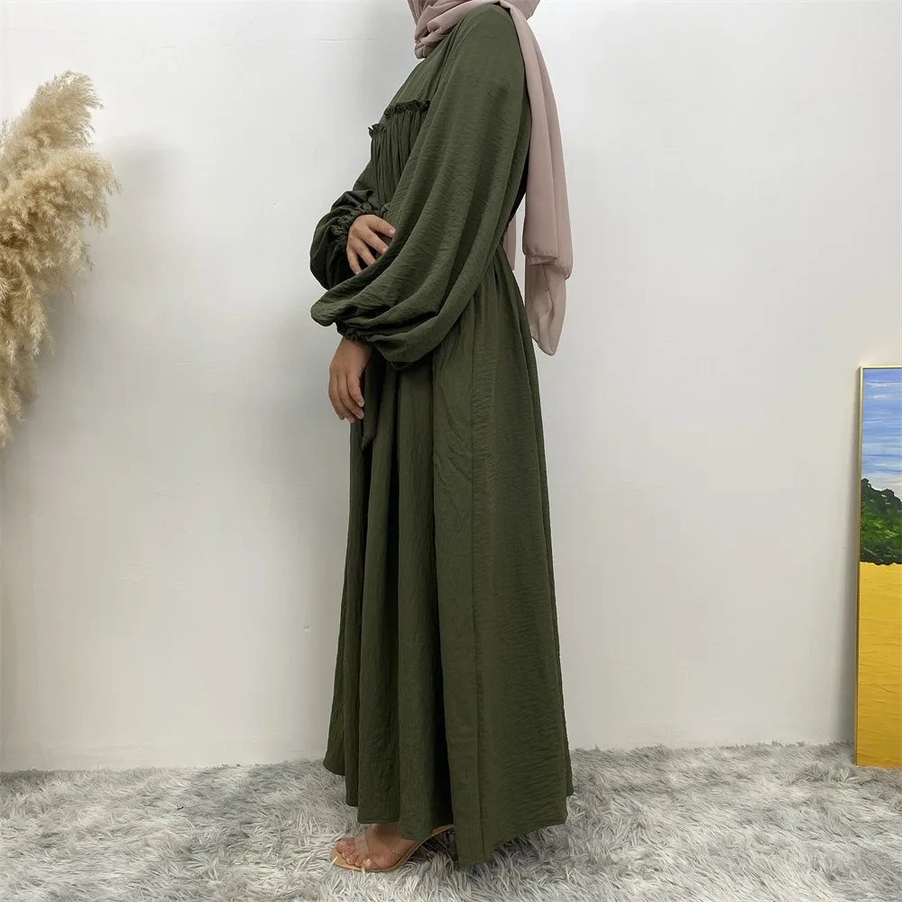 8 Colors Big Loose Sleeves Wrinkle Crepe Crew Neck Closed Abaya Cute Bust Pleats Maxi Dresses With Side Pockets