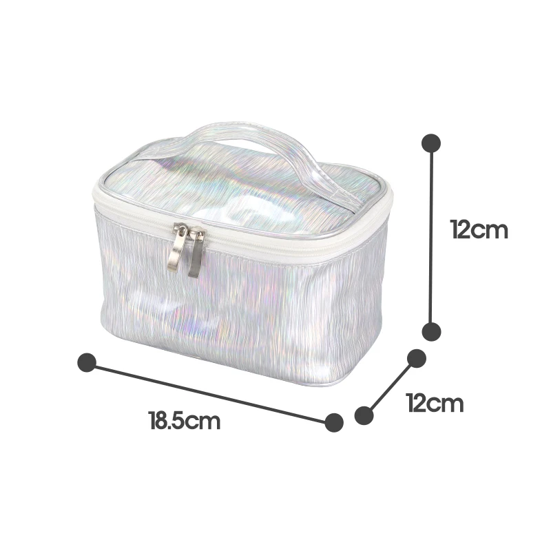 Пользовательский логотип Портативный Макияж сумка серебристый лазер PU дорожные туалетные принадлежности сумка для женщин