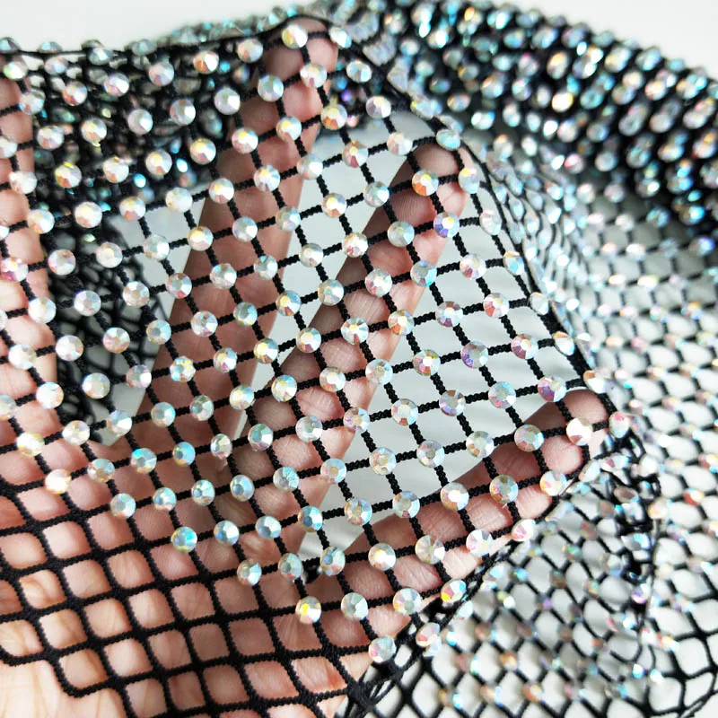 Hot Selling Soft Elastic Black Base Crystal AB Rhinestone Mesh Fabric Crystal Fabric For Garment