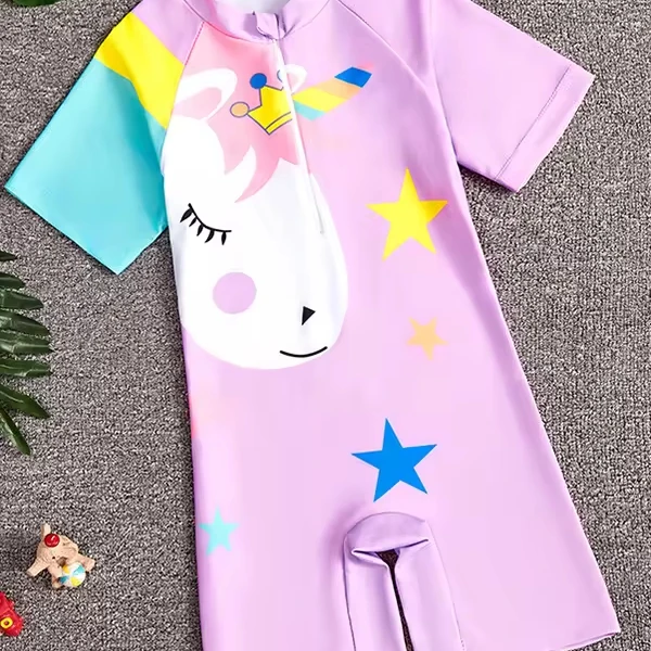 Wholesale Clothing Summer Kids Girls Cartoon Horse Print Round Neck Short Sleeve One-Piece Swimwear