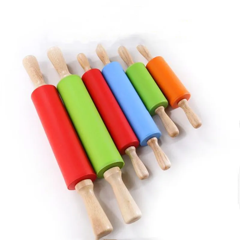 Non-Stick Silicone Rolling Pin Wooden Handle Pastry Dough Flour Roller Kitchen Cooking Baking Tool For Pasta Cookie Dough