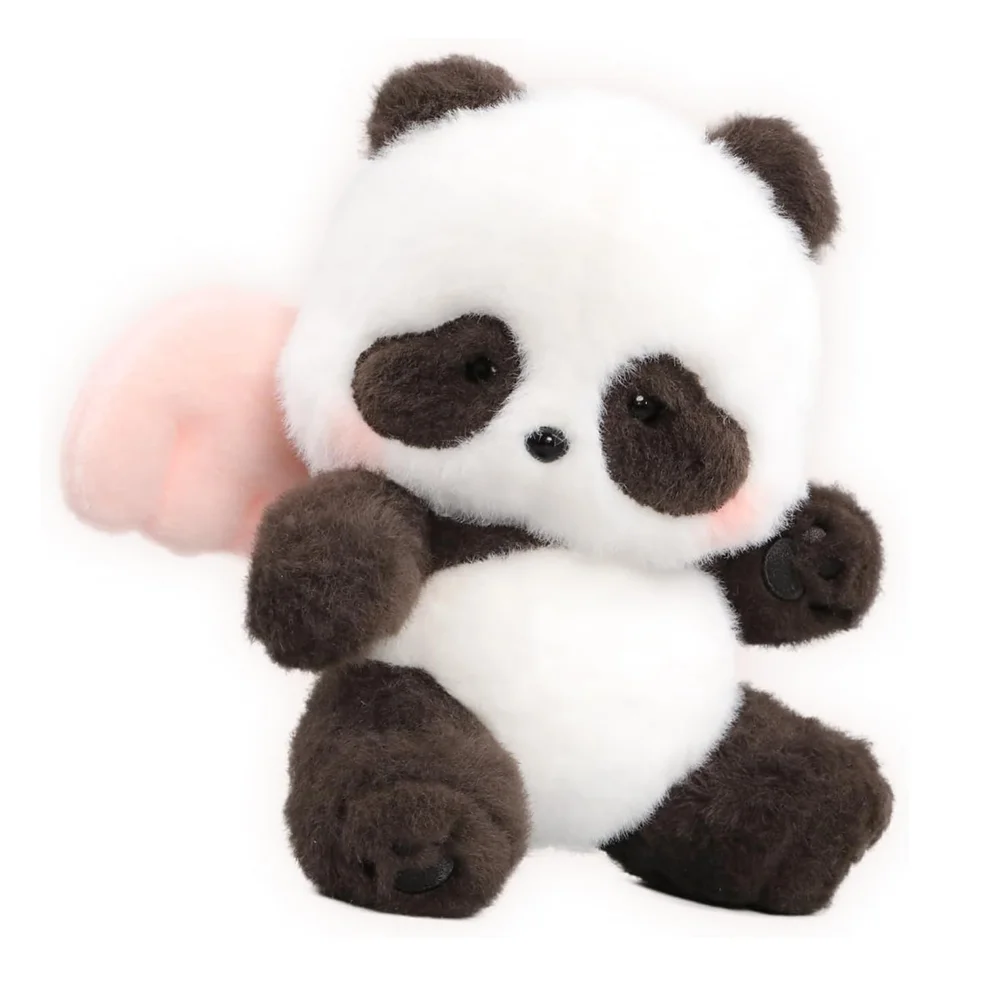 Adorable Black and White Fuzzy Cartoon Panda Plush Toy with Red Heart Soft Pink Wings Kids Charming Animal Custom Stuffed Panda