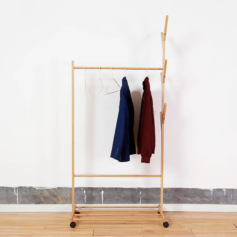 Apartment Bamboo Clothing Garment Rack Free Standing Clothes Coat Hanger for Living Room