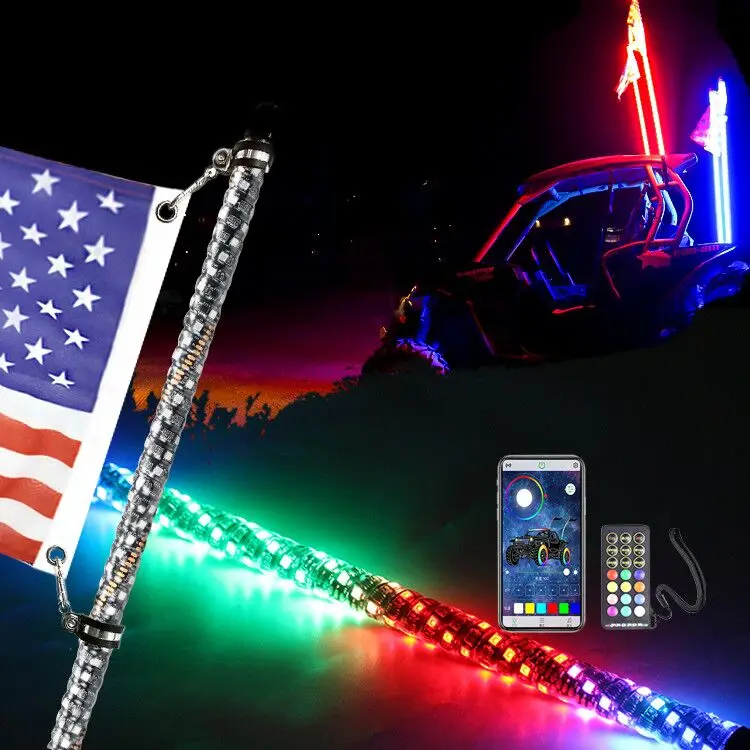 RGB chasing 2FT Single LED Whip Lights for ATV UTV LED Safety Whip Flag Pole Lighted Antenna App and Remote Controlled