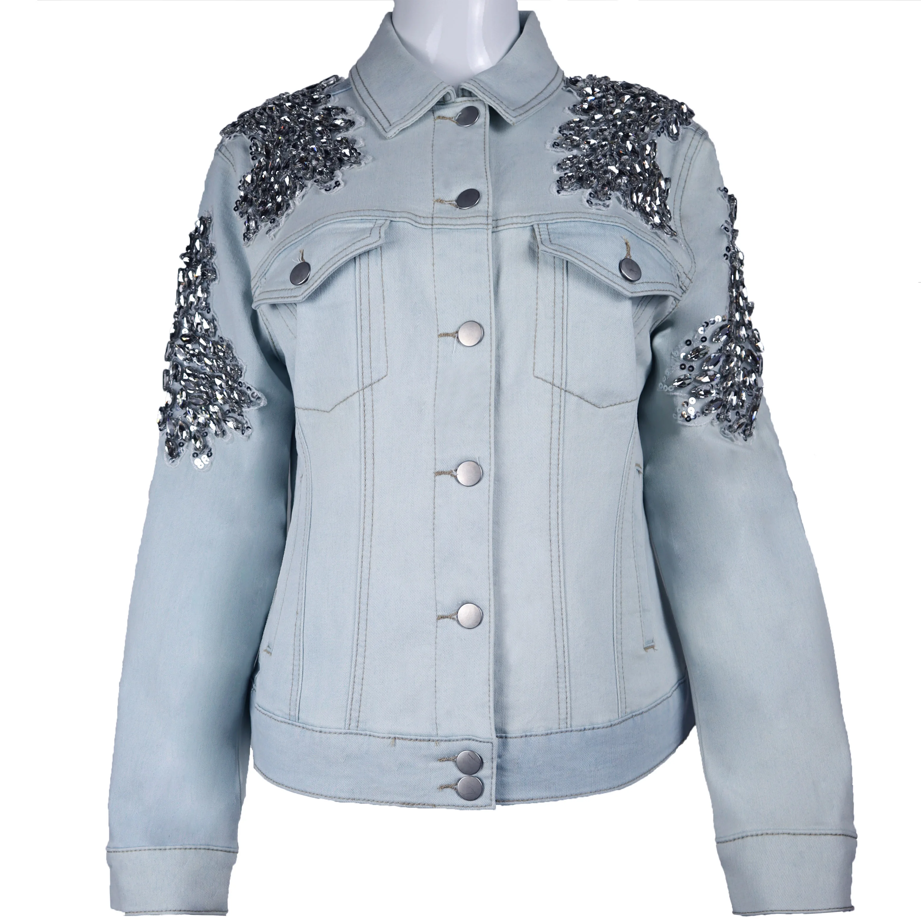 custom women ladies Sequin Patches pearl beading denim jacket shoulders fallen for women