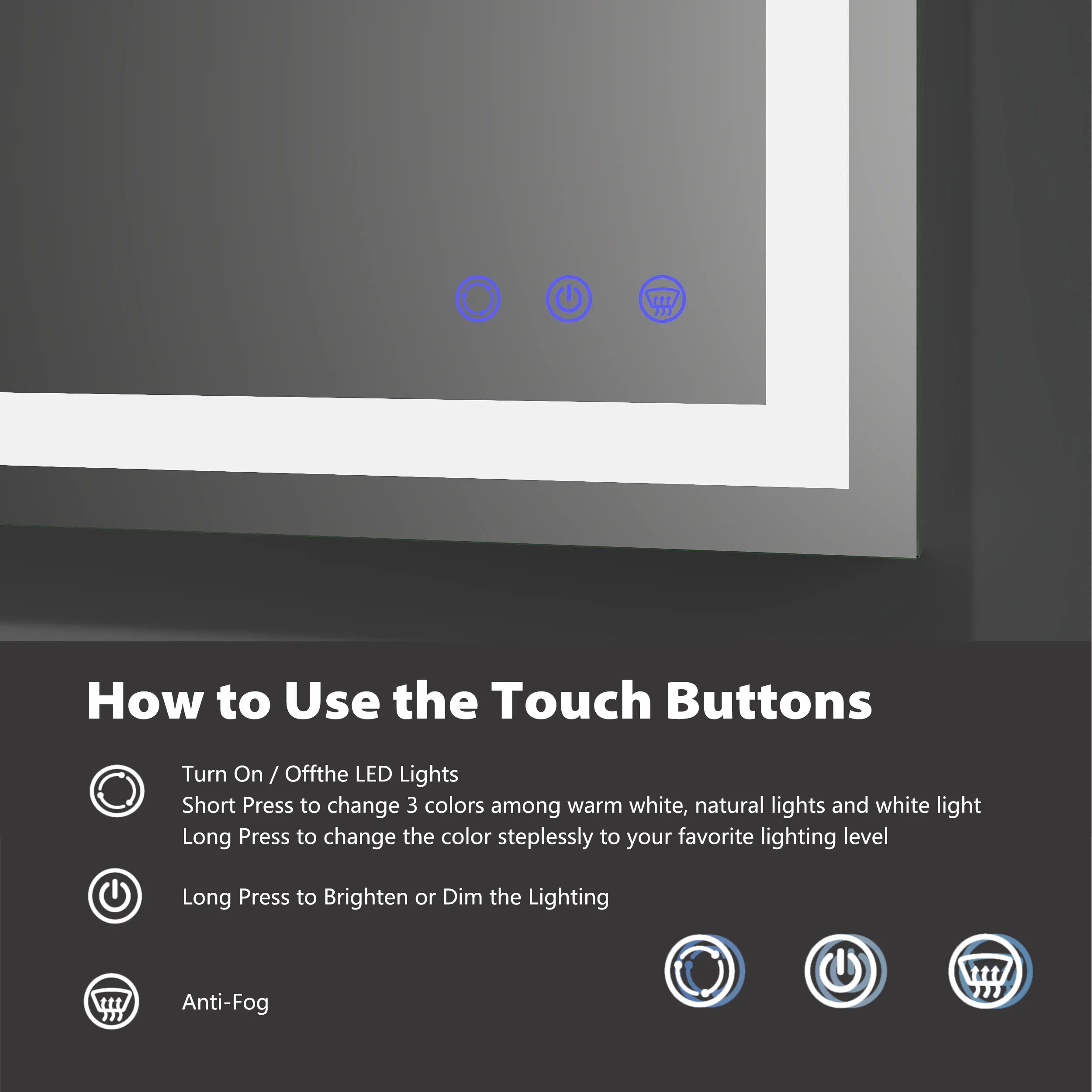 Custom 24 X 36 Vanity Touch Adjustable Wall Mounted Light Up Anti Fog Frameless Led Bathroom Mirror With Light
