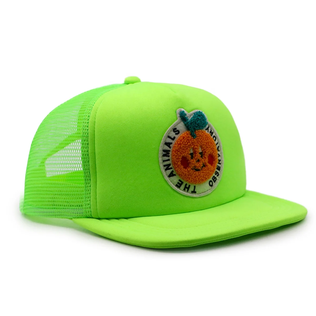 5 Panel Custom Design Flat Square Bill Unisex Neon Green Foam Mesh Cap Trucker Chenille Embroidery Patch Snapback Hat