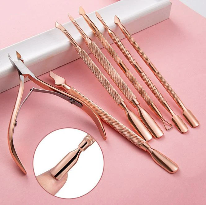 7pcs/set Professional Rose Gold Nail Cuticle Pusher Nipper Dead Skin Push Remover