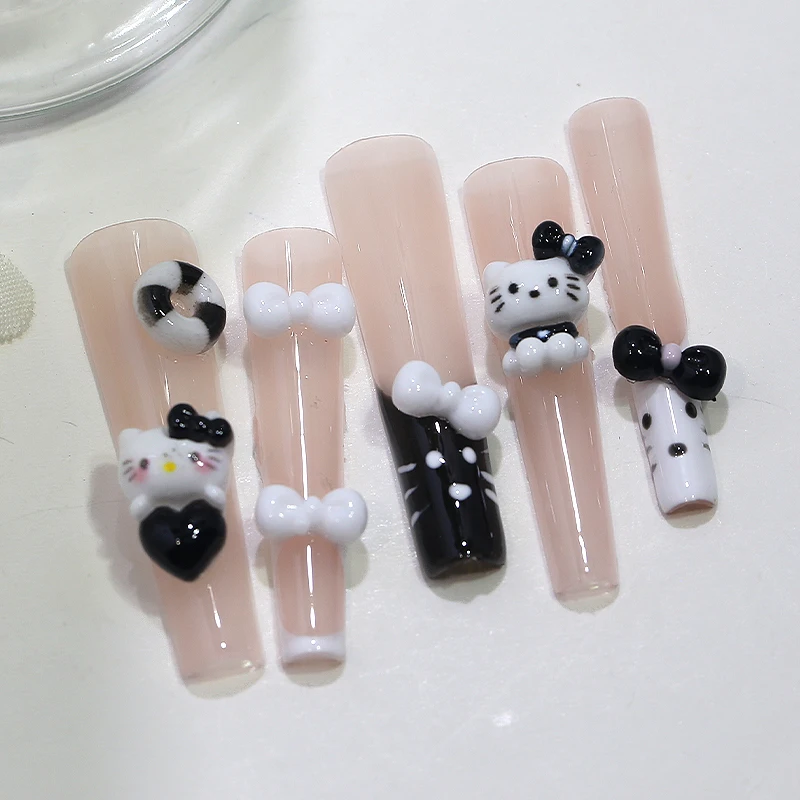 New 3d Black White Cartoon KT Cat Nail Accessories Cute Katy Cat Bow Flat Back Resin Rhinestone Nail Art Charms