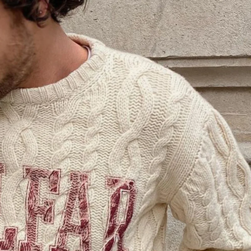 Мужской приталенный вязаный свитер, пуловер с круглым вырезом и модным принтом, осень 2021