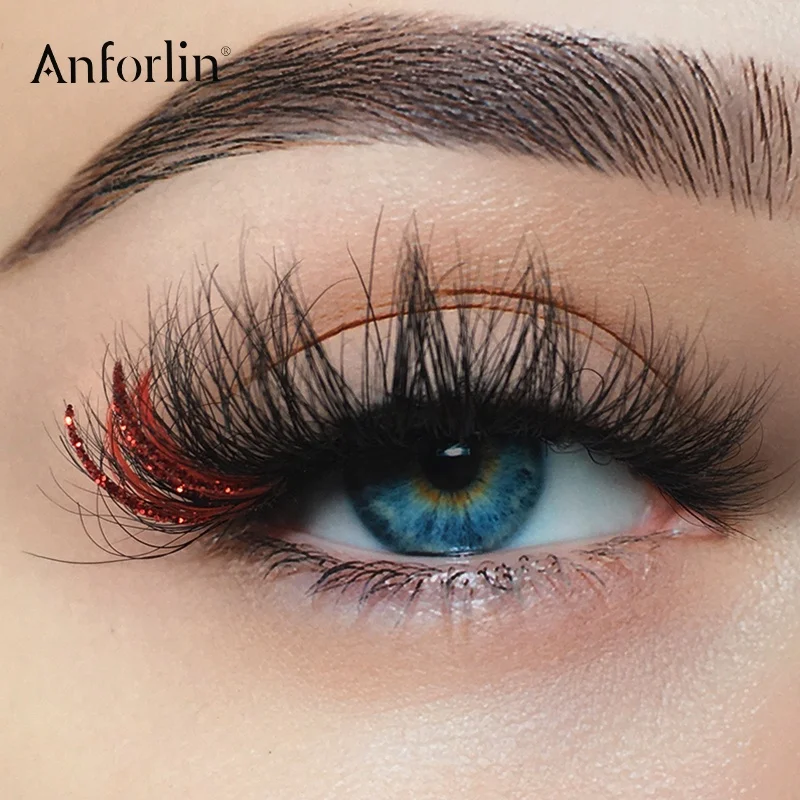 Anforlin wholesale glitter lashes strips eyelash packaging box private label custom color mink lashes with red color