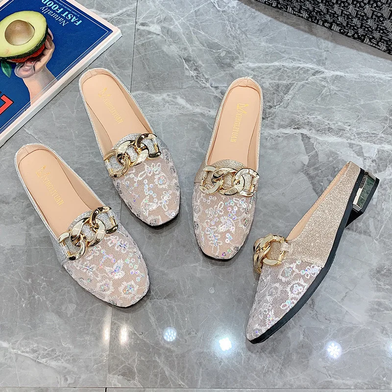 StepGrace Wholesale Luxury Women Fashion Metal Chain Walking Flats Wedding Shoes Casual Outdoor Slip-On  Sandals For Women Flats