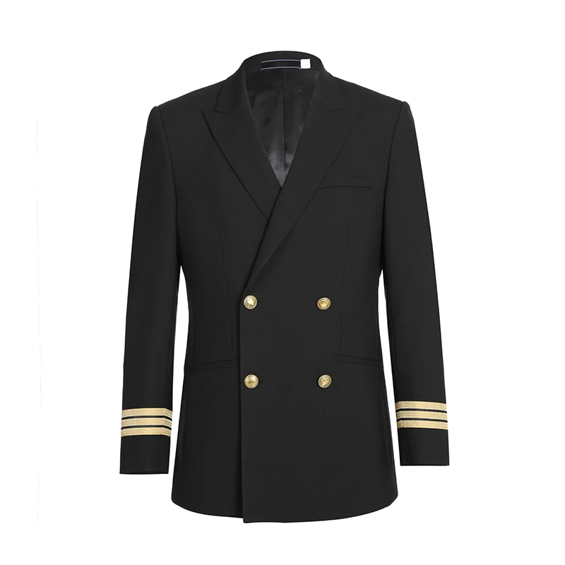 
100% wool mens Pilot Uniforms double breasted peaky lapel metal button silk and thread embroidery ribbon tape for airline 