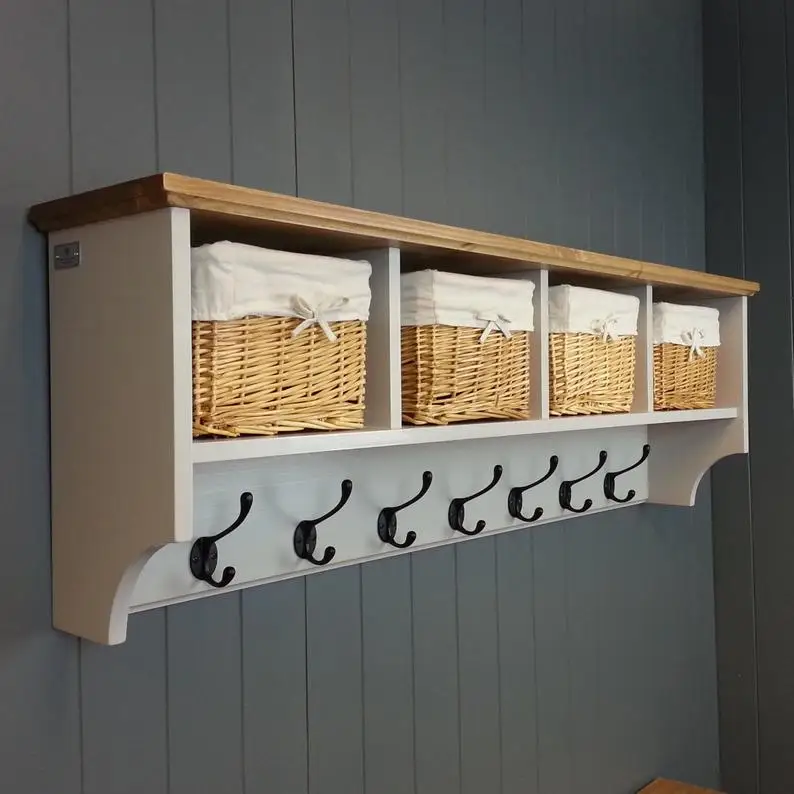 Wooden Wall-Mounted Coat and Hat Rack with Storage Baskets Decorative Display Shelves Including Cubby Holes