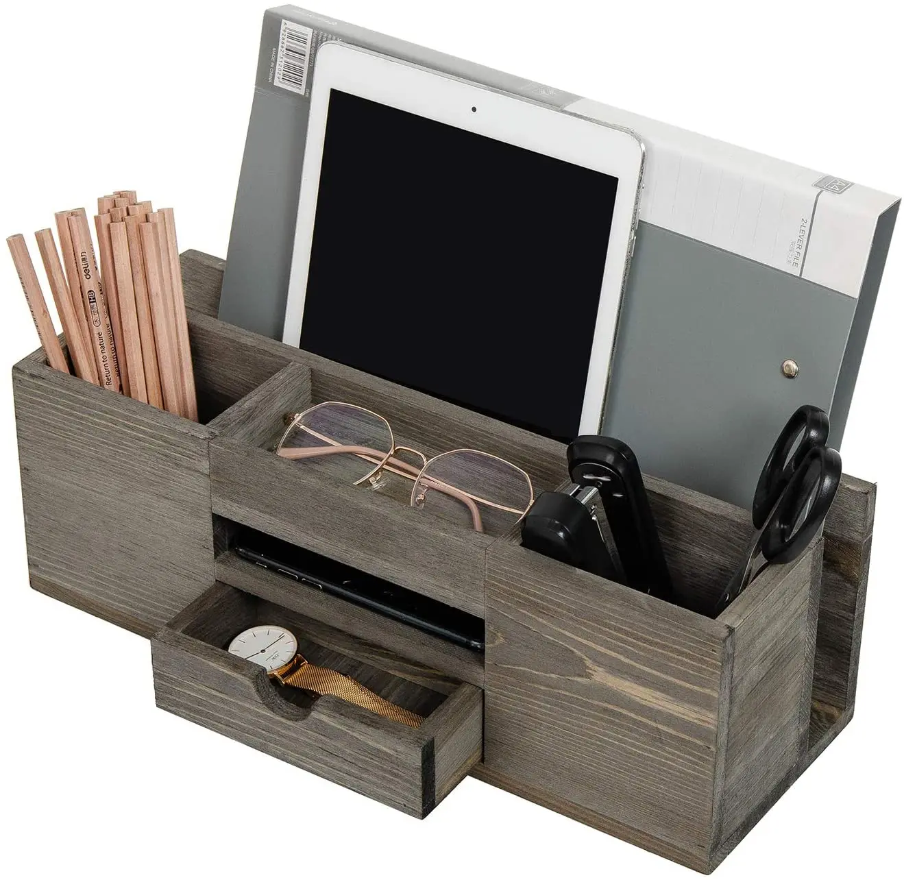 Wholesale Brown Wooden Desktop Organizer Multiple Compartments Rack