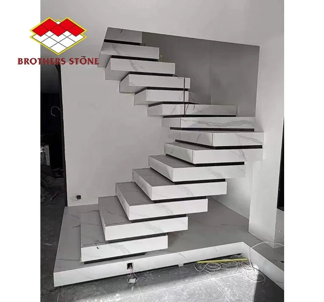 Customized indoor luxury Calacatta White Marble sintered stone artificial 9mm slab modern  stair step design