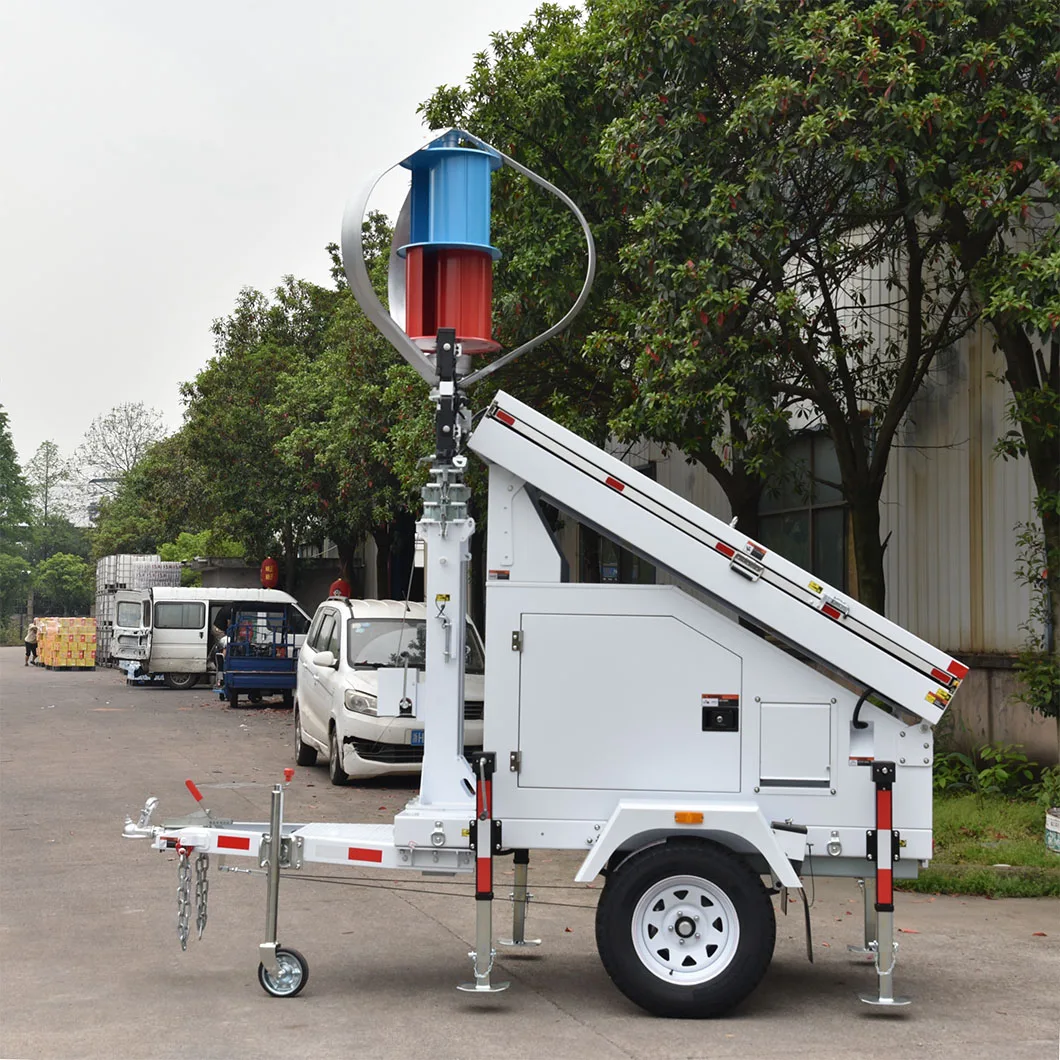 Mobile wind and solar power lighting tower trailer