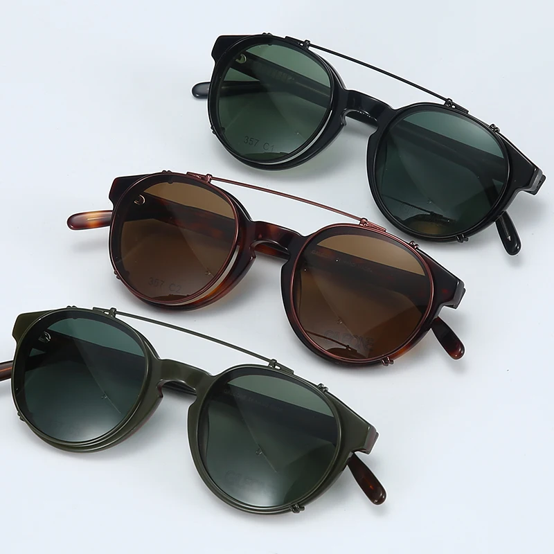 Italian Vintage Acetate Round Polarized Clip On Sun Glasses Frame
