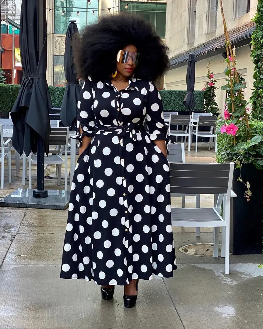 Summer Polka Dot Printed Vintage Sashes African Women Office Career Dress