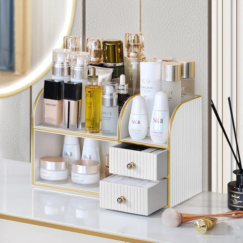 MAVOBO Desktop Leather Cosmetic Case Tools Organizer With Rose Gold Trim Leather Makeup Organizer Drawers Storage Box Organizer