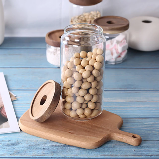 Stacked kitchen jar set clear glass jar household kitchen thickened airtight food storage jar and wooden bamboo clip cover