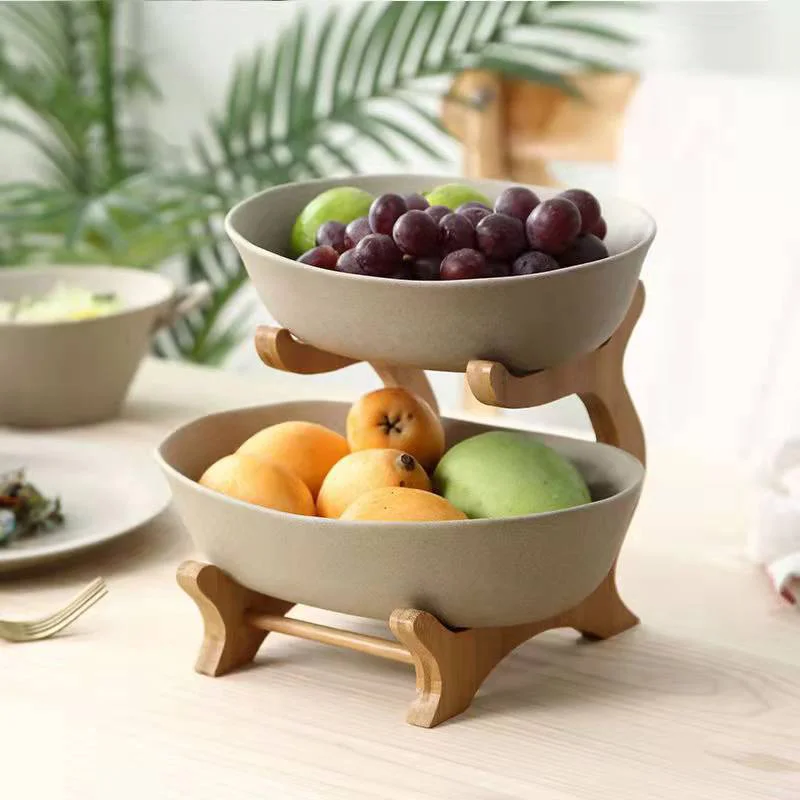 Multi-Layered Multifunction Fruit Plate Ceramic Plate Bamboo Wood Rack Dried Fruit Plate Storage Racks