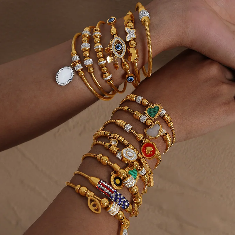 Ins Trendy Fashion Enamel Evil Eyes Charm Bracelet Non Tarnish Stainless Steel Beads Heart Bracelet Jewelry