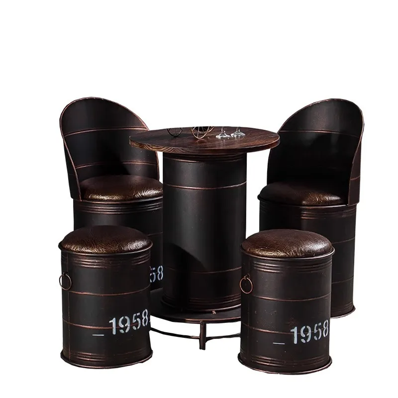 Industrial Style Vintage Durable Cafe Bar Salon Restaurant Iron Custom Oil Drum Iron Barrel Table PU Chair Stool Set