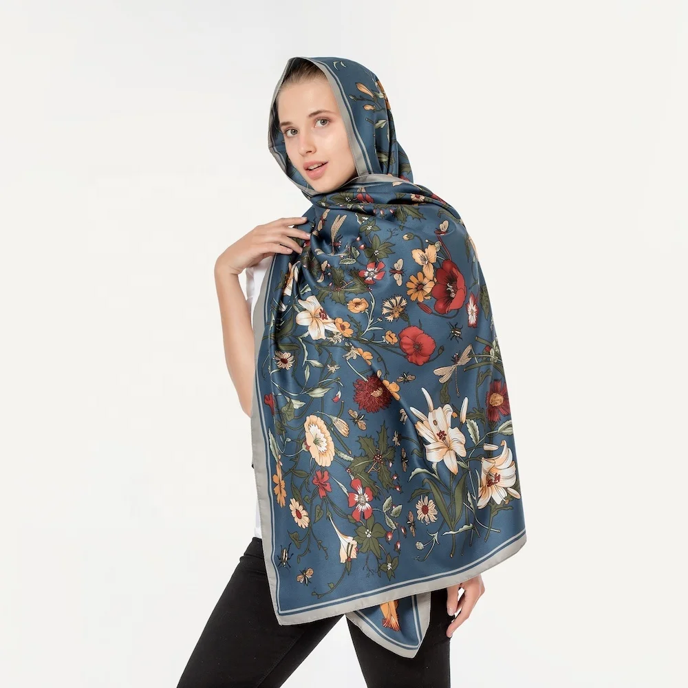 Большой женский Шелковый атласный шарф с цифровой печатью на заказ, роскошные шелковые шали из полиэстера и полиэстера, шелковые шали