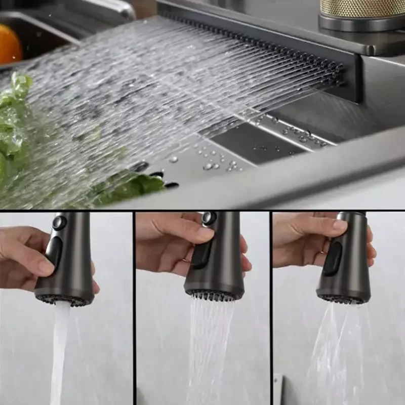 Countertop style Gun grey single bowl stainless steel kitchen sink with tray 3 function commercial faucet