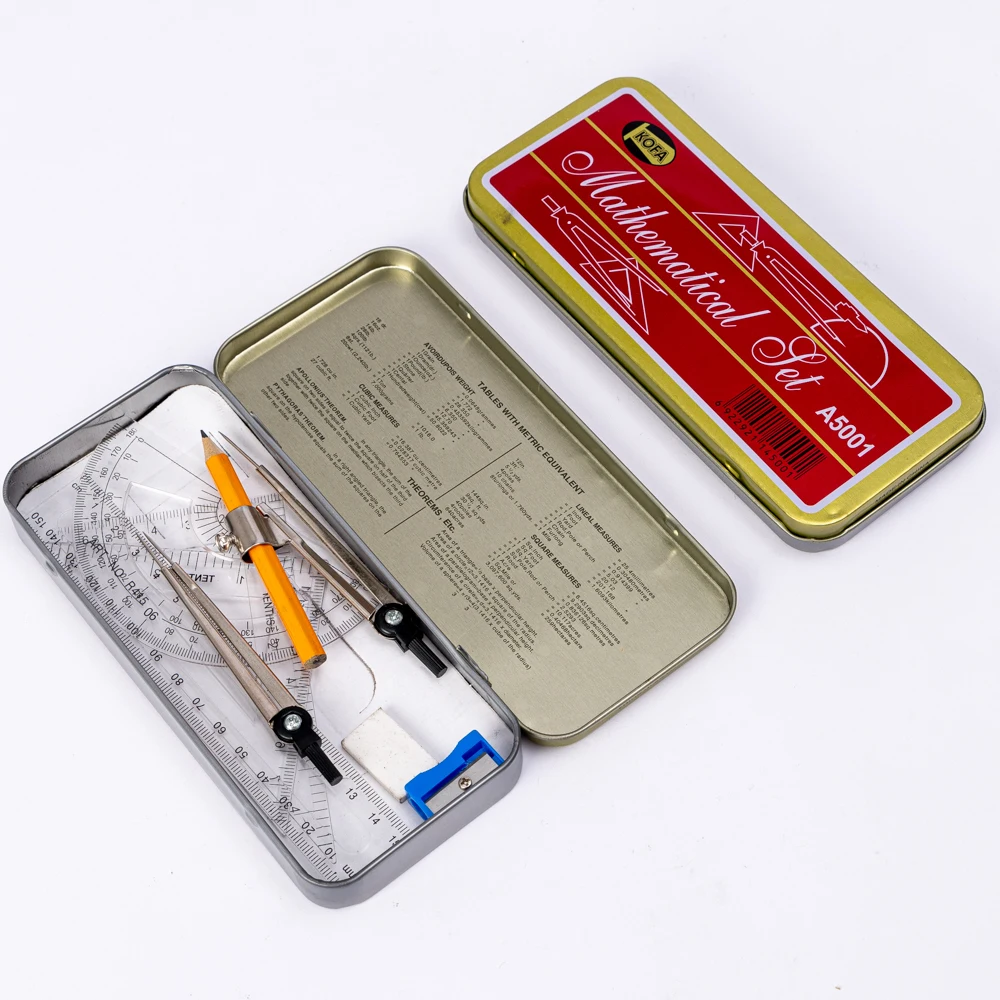 Geometry Math Compass set 9 piece with Shatterproof Storage Box Includes 2 Compasses,  Ruler, Eraser,  Pencil Sharpener