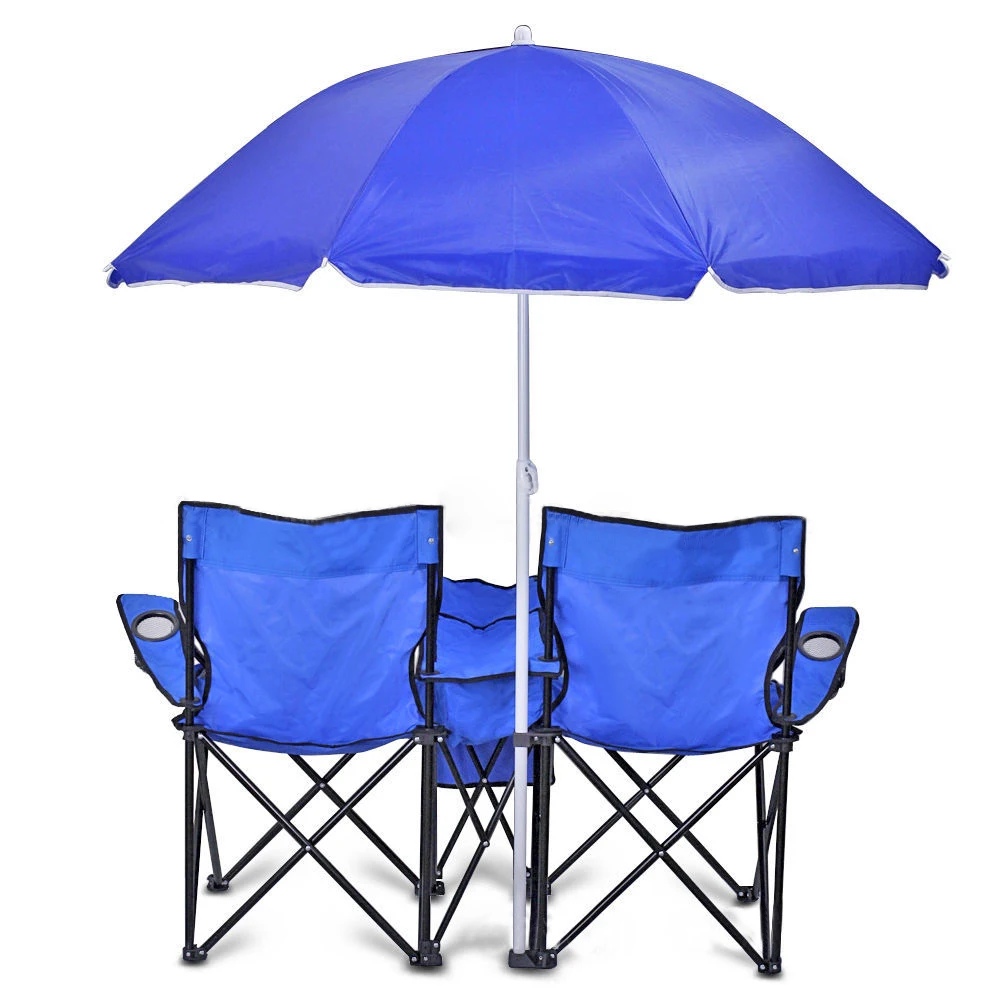 Factory Custom Wholesale Portable double outdoor folding large beach chair with umbrella and cooler bag for camping