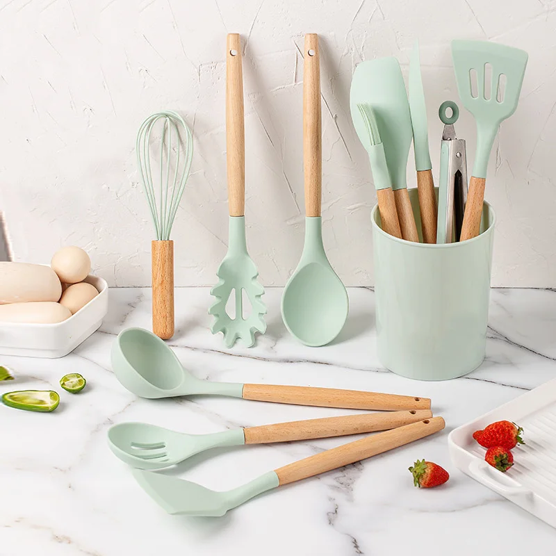 Factory Direct Lowest Price Non-Stick Pan Silicone kitchenware Wooden Handles 12PCS Silicone Kitchen Utensils Set