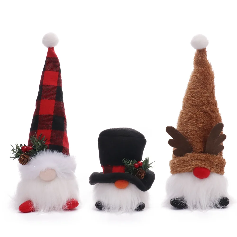 New Luminescent Christmas Buffalo Plaid Top Hat Elk Lighted Gnomes  Christmas Tree Hanging Pendant Plush Dolls Dwarf Ornaments