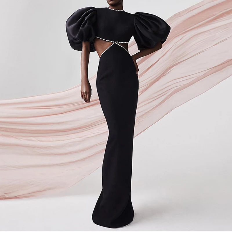 R30825S 2022 Спортивная Новинка с высокой талией открытой спиной Очаровательная черная темпераментная длинная юбка ажурное платье качественное свадебное
