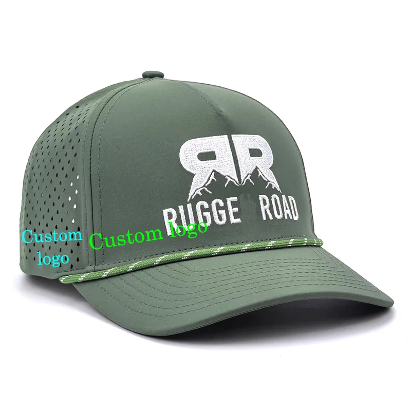 Custom laser cut mesh embroidery sports golf caps 6 panels rubber patch trucker hat surf hat waterproof Baseball Cap with rope