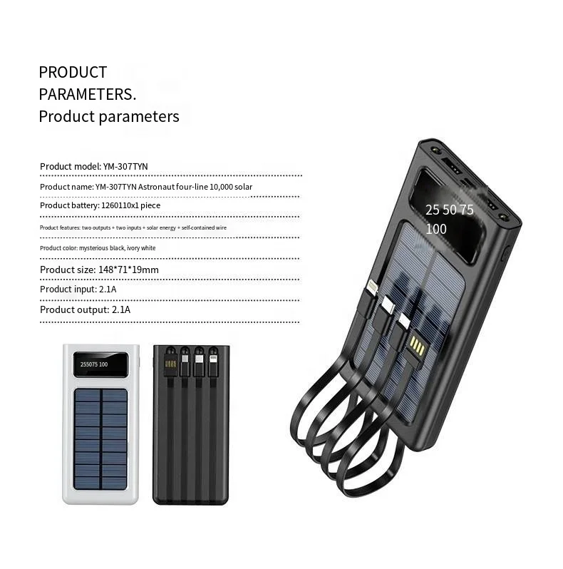 Portable Charger Solar Power Bank 30000mah Built-in 4 cables Dual USB  with LED Flashlight for Outdoor Travel